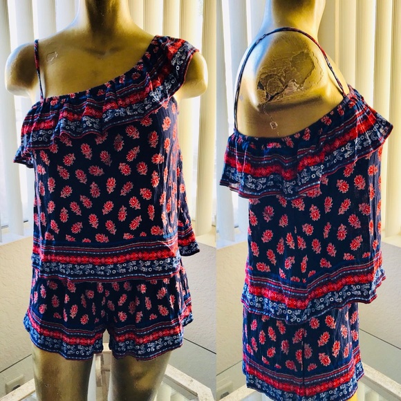 UNI-SHOULDER Ruffled Floral SHORTS SET Small - Picture 1 of 8